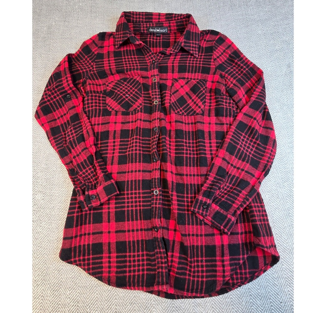 Derek Heart Red Black Plaid Flannel Button Down Shirt Women Medium Roll-Tab